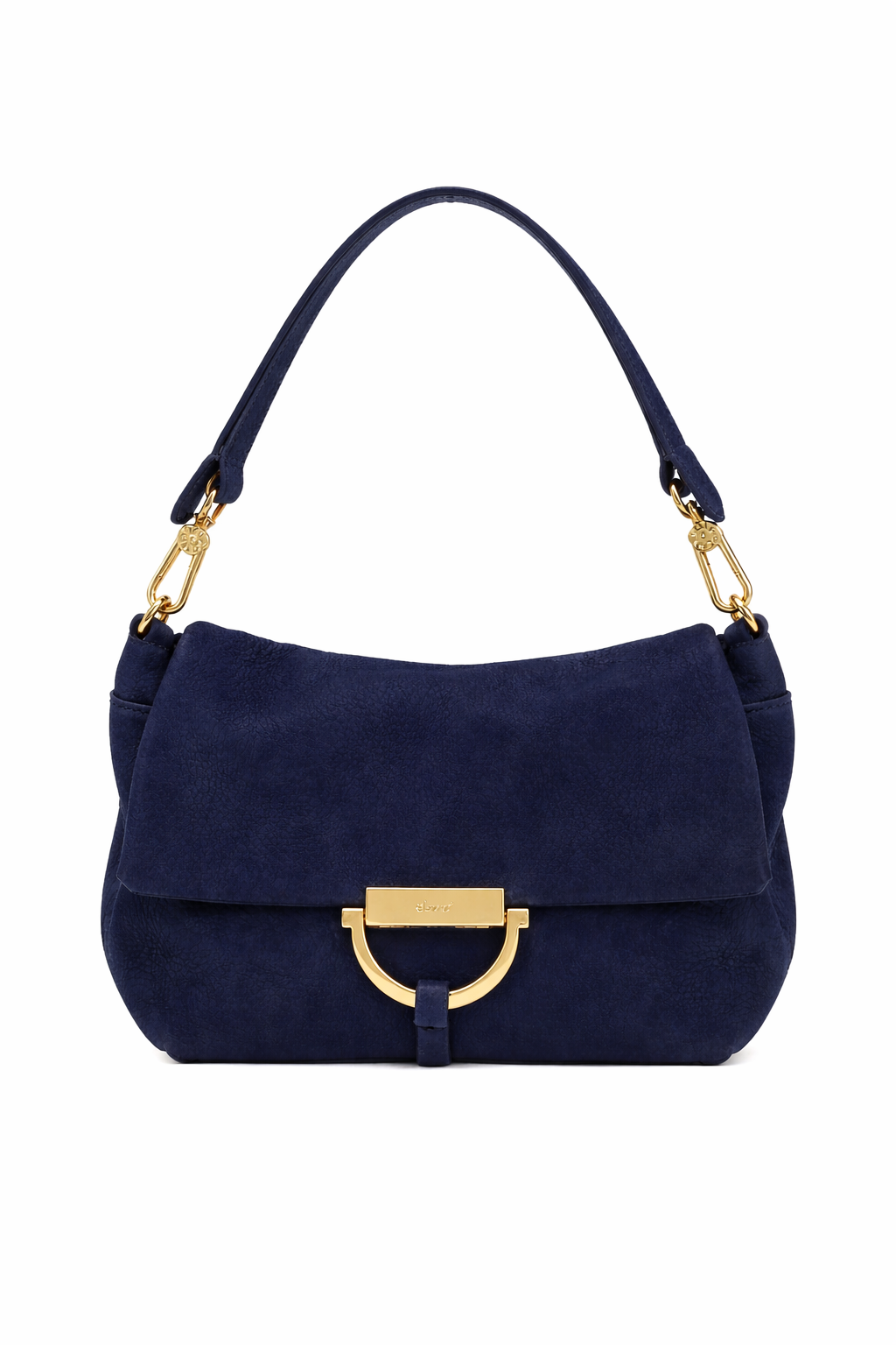 Navy suede bag with gold hardwear and 2 straps