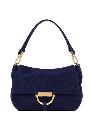 Navy suede bag with gold hardwear and 2 straps