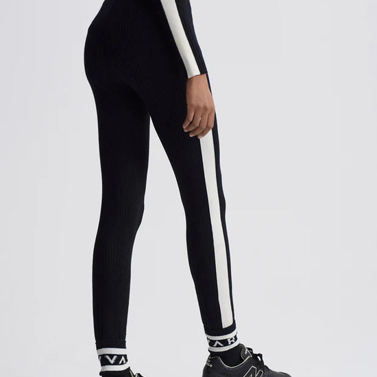 black ribbed leggings with white stripe on side rear view