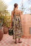 spaghetti strap mid length floral green dress from alemais rear view