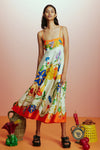 white spaghetti strap summer dress with floral and fruit design model shot