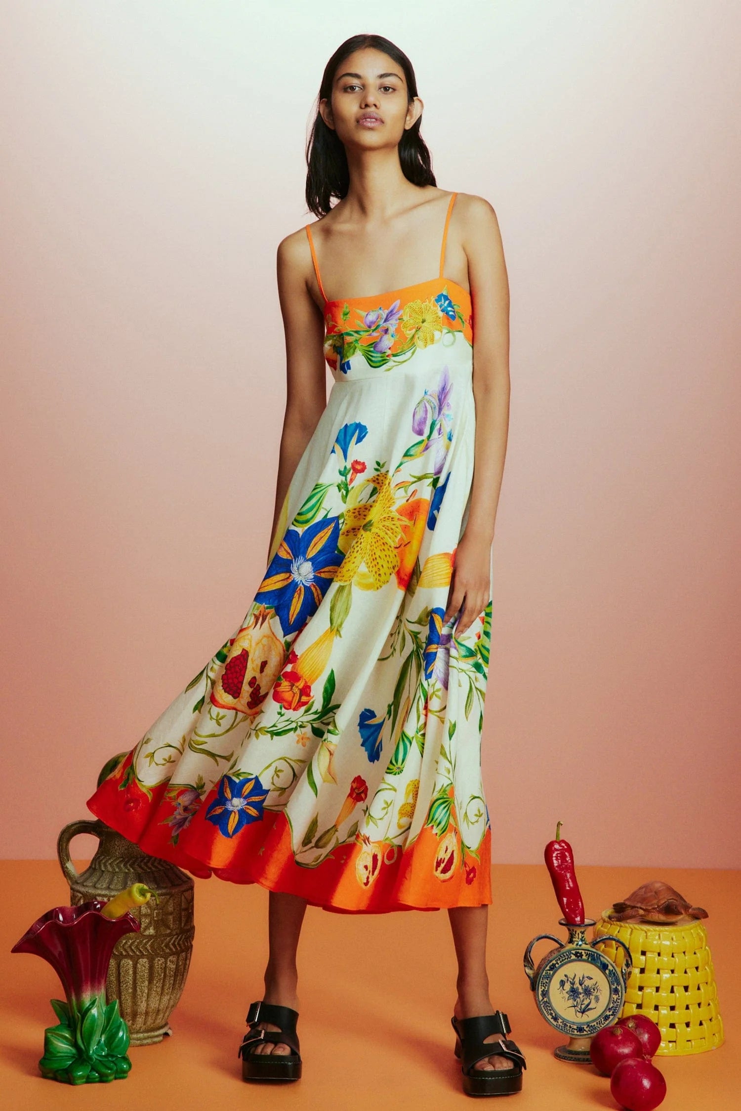 white spaghetti strap summer dress with floral and fruit design model shot