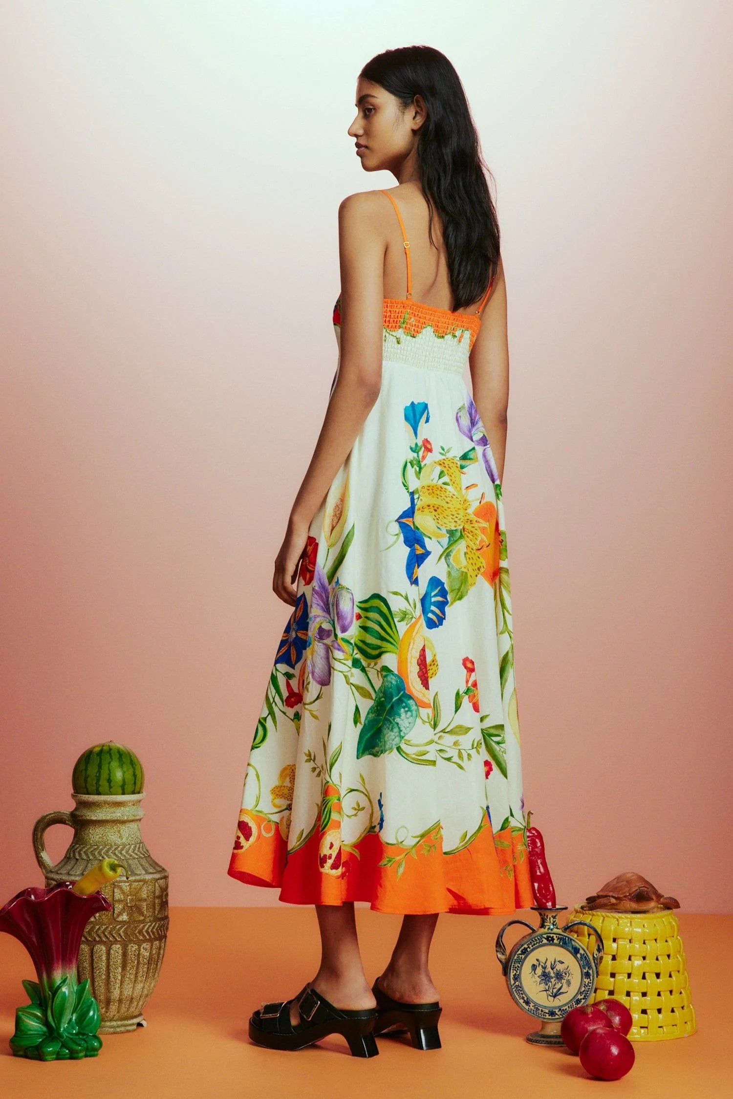 white spaghetti strap summer dress with floral and fruit design rear view 