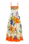 white spaghetti strap summer dress with floral and fruit design