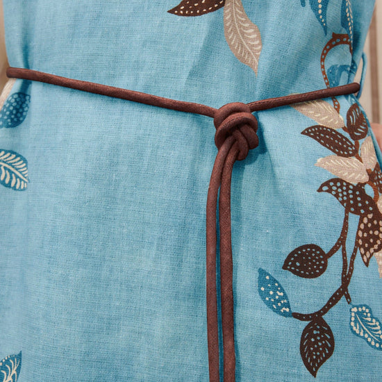 Close up of tie detail and print of linen dress from Alemais