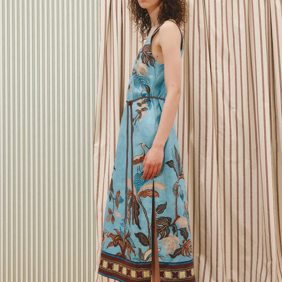 Side view of scoop neck linen print dress from Alemais