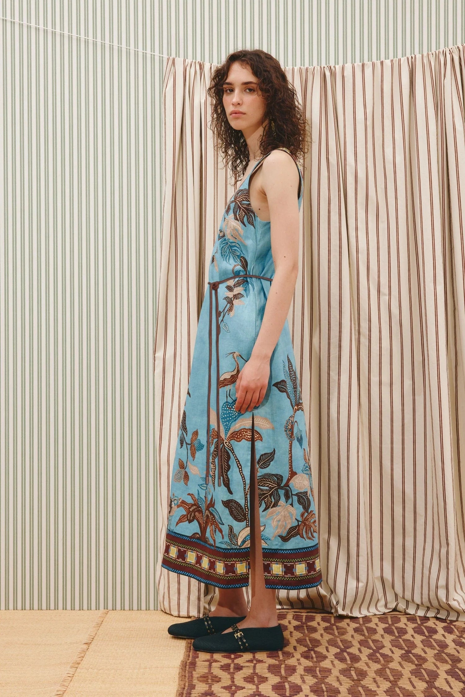 Side view of scoop neck linen print dress from Alemais