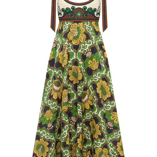 Linen printed dress with tie shoulders and smocked detail at the rear from Alemais