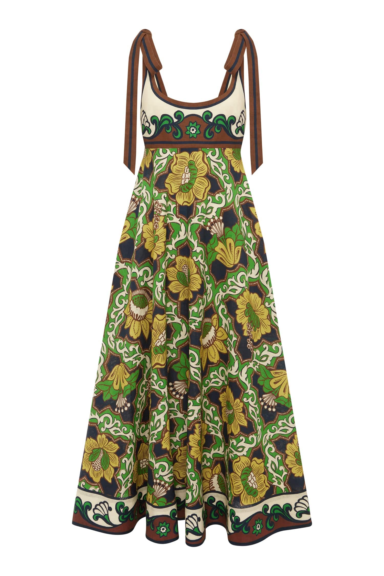 Linen printed dress with tie shoulders and smocked detail at the rear from Alemais