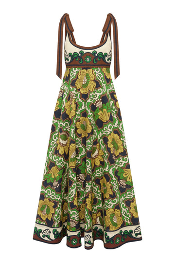 Linen printed dress with tie shoulders and smocked detail at the rear from Alemais