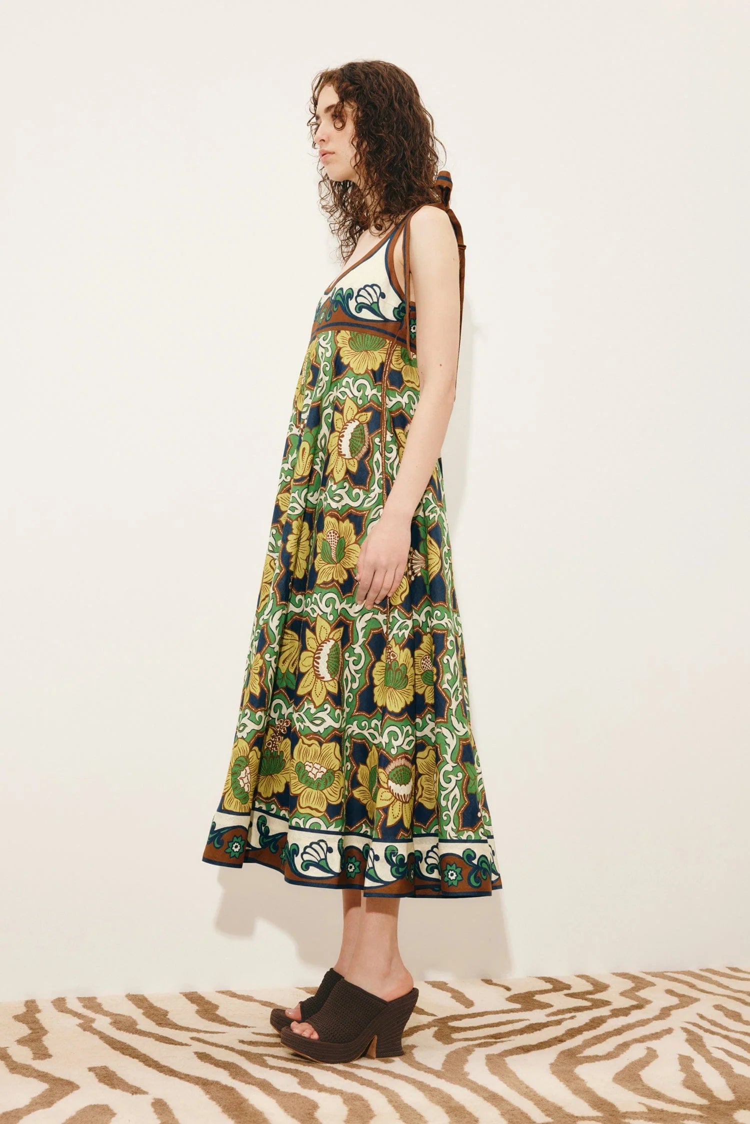 Side view of printed linen sun dress from Alemais