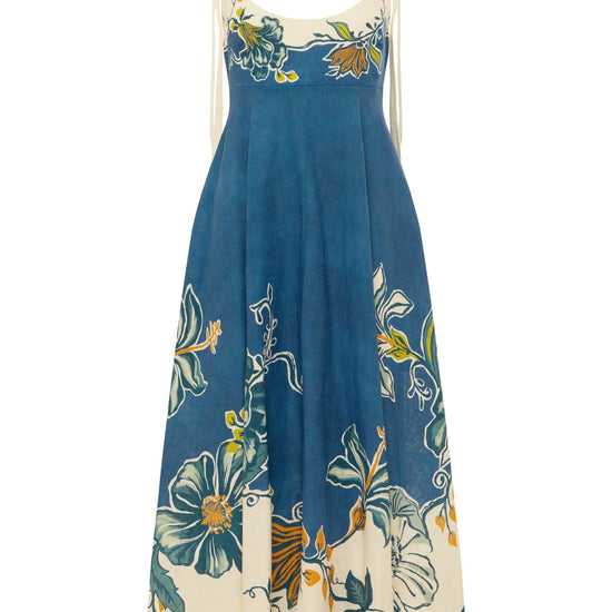 tie strap midi dress with blue and cream flora print from alemais