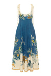 tie strap midi dress with blue and cream flora print from alemais