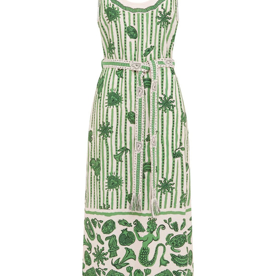 Sleeveless green printed sun dress with fringe detail on the hem