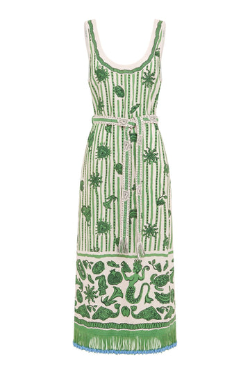 Sleeveless green printed sun dress with fringe detail on the hem