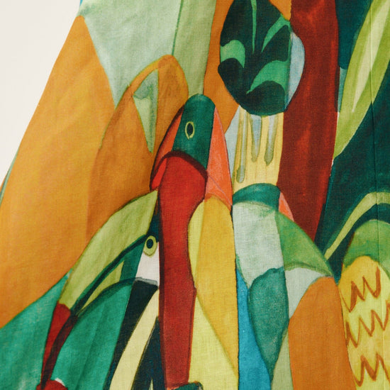 Close up of green based linen jungle print