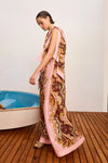 model wearing long pattern dress