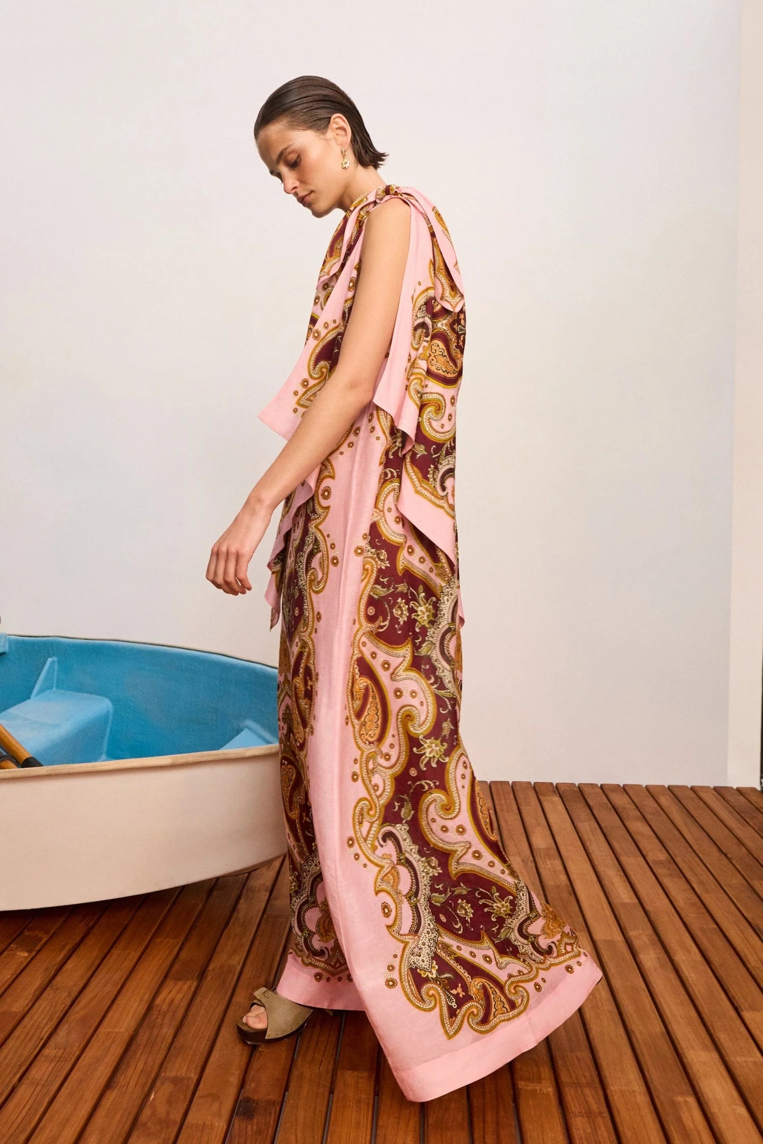 model wearing long pattern dress