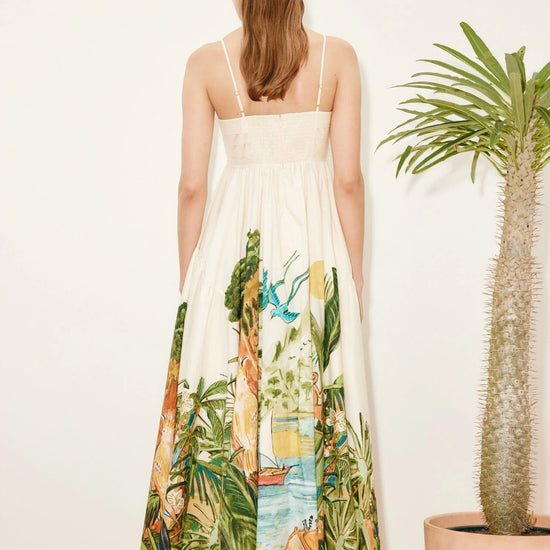 Cotton dress with jungle inspired print from Alemais rear view