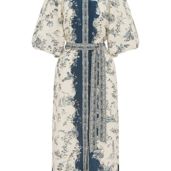 white shirtdress with blue delicate print and balloon sleeves with elasticated cuffs 