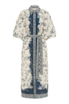 white shirtdress with blue delicate print and balloon sleeves with elasticated cuffs 