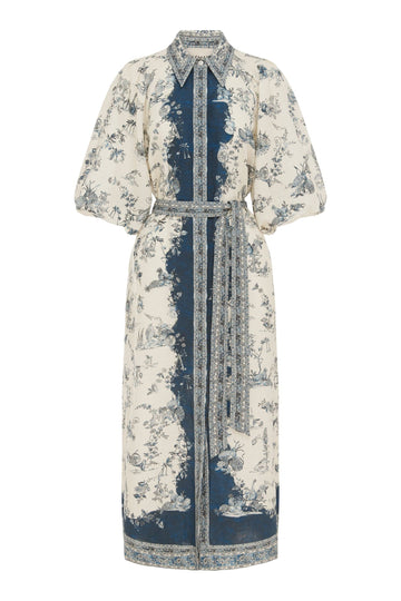 white shirtdress with blue delicate print and balloon sleeves with elasticated cuffs 