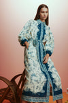 white shirtdress with blue delicate print and balloon sleeves with elasticated cuffs model shot