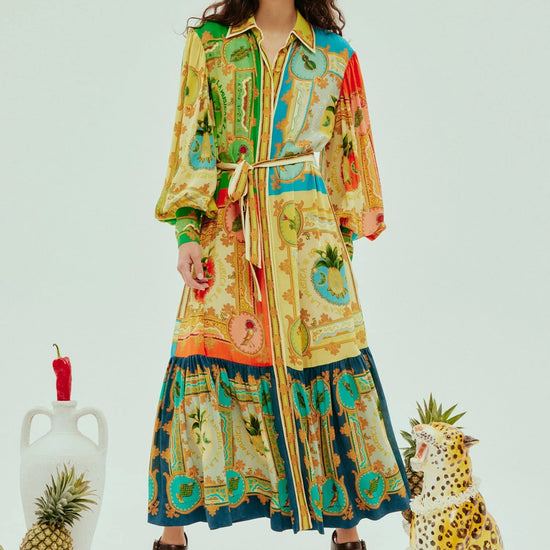 vibrant print silk shirtdress with balloon sleeves and tiered skirt model shot