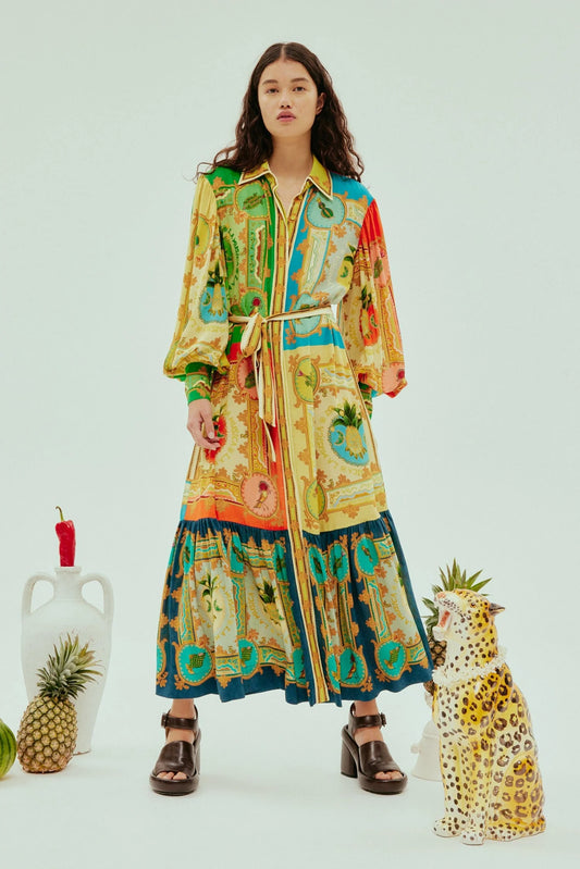 vibrant print silk shirtdress with balloon sleeves and tiered skirt model shot