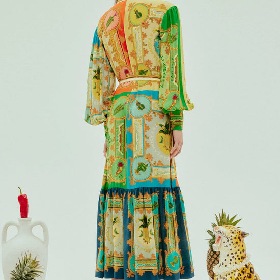 vibrant print silk shirtdress with balloon sleeves and tiered skirt  rear view 