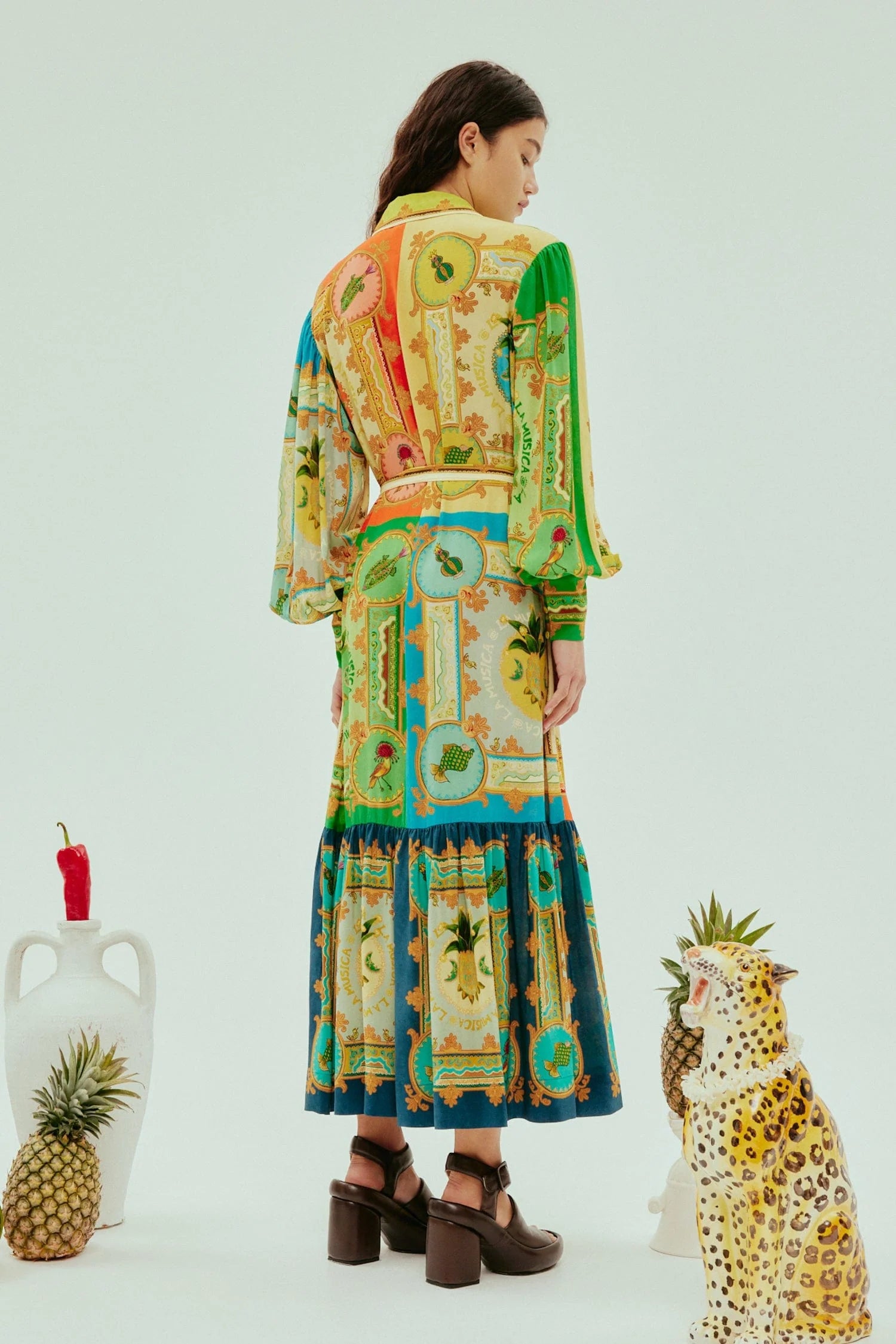 vibrant print silk shirtdress with balloon sleeves and tiered skirt  rear view 