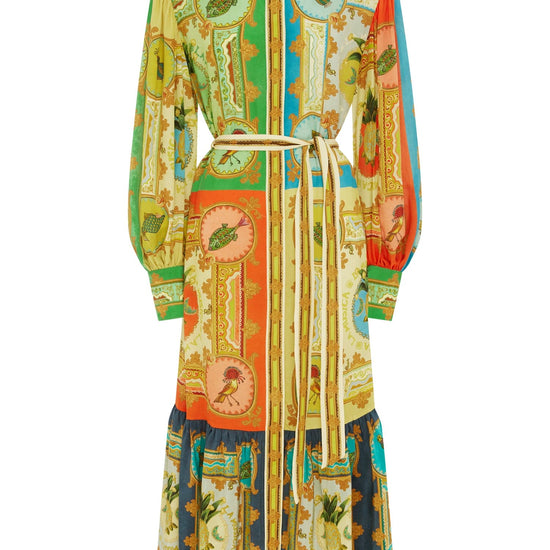 vibrant print silk shirtdress with balloon sleeves and tiered skirt 