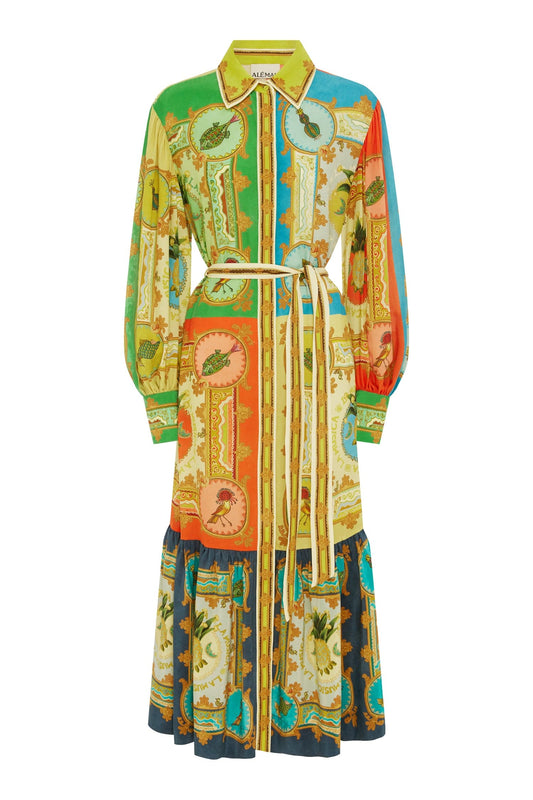 vibrant print silk shirtdress with balloon sleeves and tiered skirt 