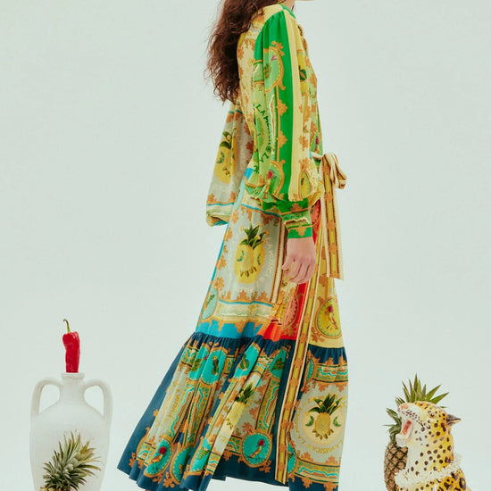 vibrant print silk shirtdress with balloon sleeves and tiered skirt  side view 