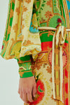 vibrant print silk shirtdress with balloon sleeves and tiered skirt  close up