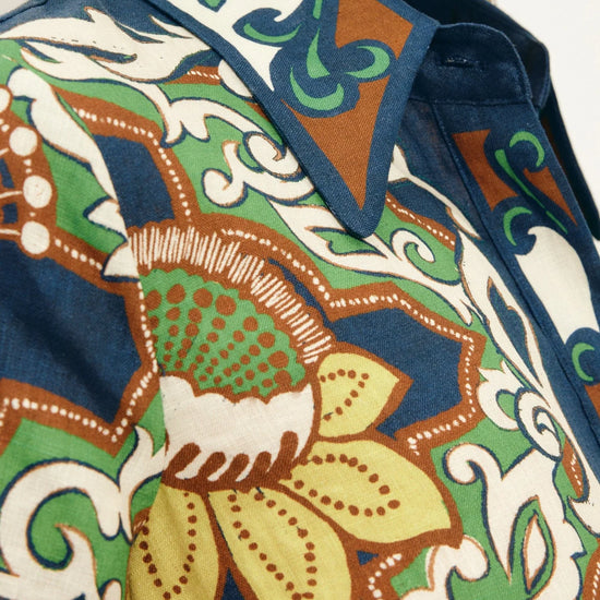 Close up of collar detail on printed linen dress from Alemais