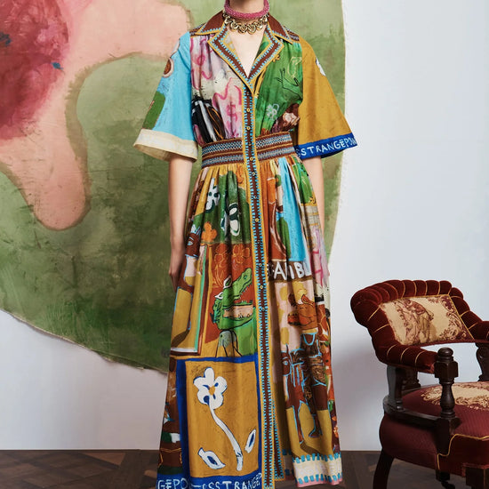 Woman wearing patterned Alemais dress