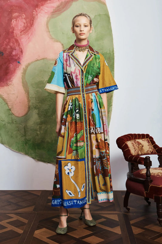 Woman wearing patterned Alemais dress