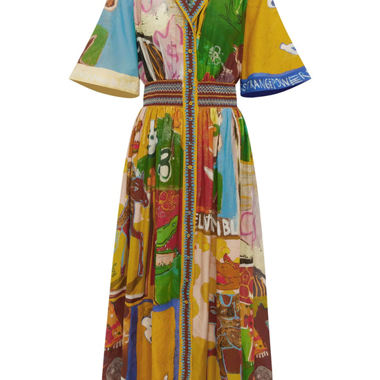 Colorful patterned shirtdress by Alemais with a white background