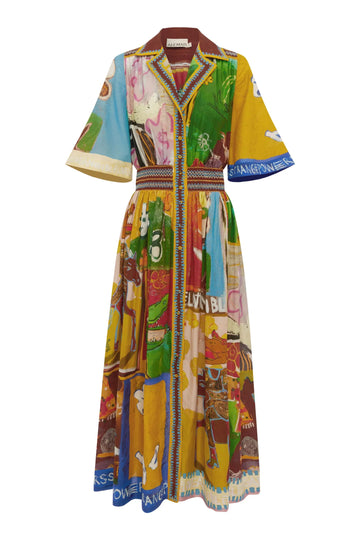 Colorful patterned shirtdress by Alemais with a white background