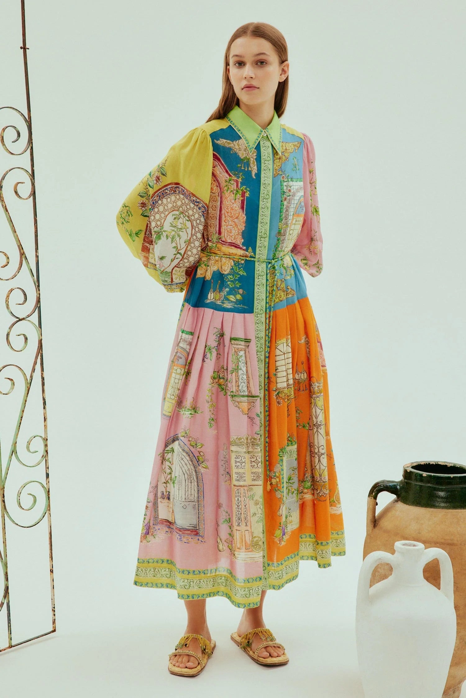 mid length colourful shirtdress with balloon sleeves and self tie belt with a point collar and concealed placket  model shot