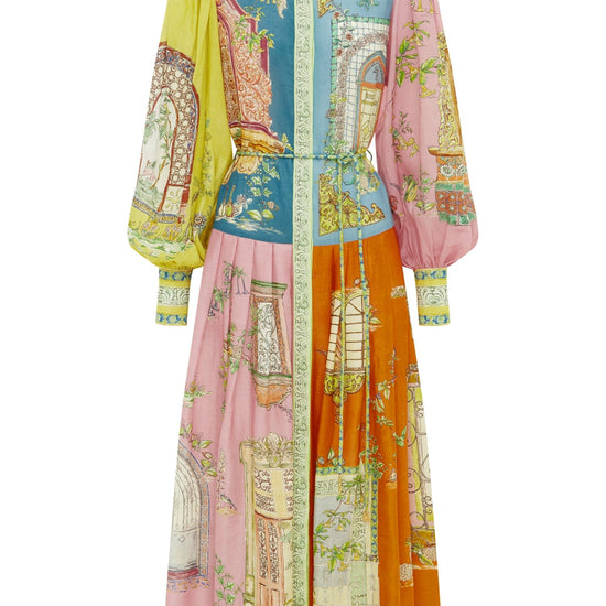 mid length colourful shirtdress with balloon sleeves and self tie belt with a point collar and concealed placket 