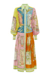 mid length colourful shirtdress with balloon sleeves and self tie belt with a point collar and concealed placket 