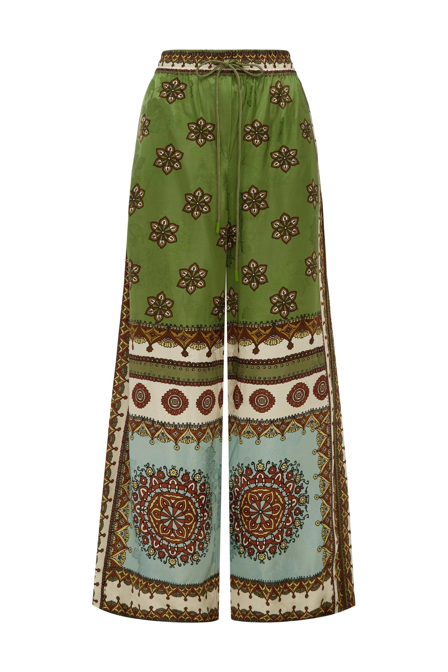 wide leg silk trousers with drawstring waistband and vibrant print from alemais