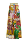 Colourful patchwork trousers with floral and abstract patterns by Alemais on a white background