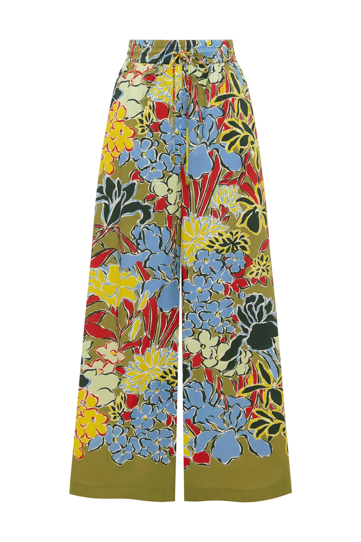 Colorful floral-patterned pants on a white background from Alemais