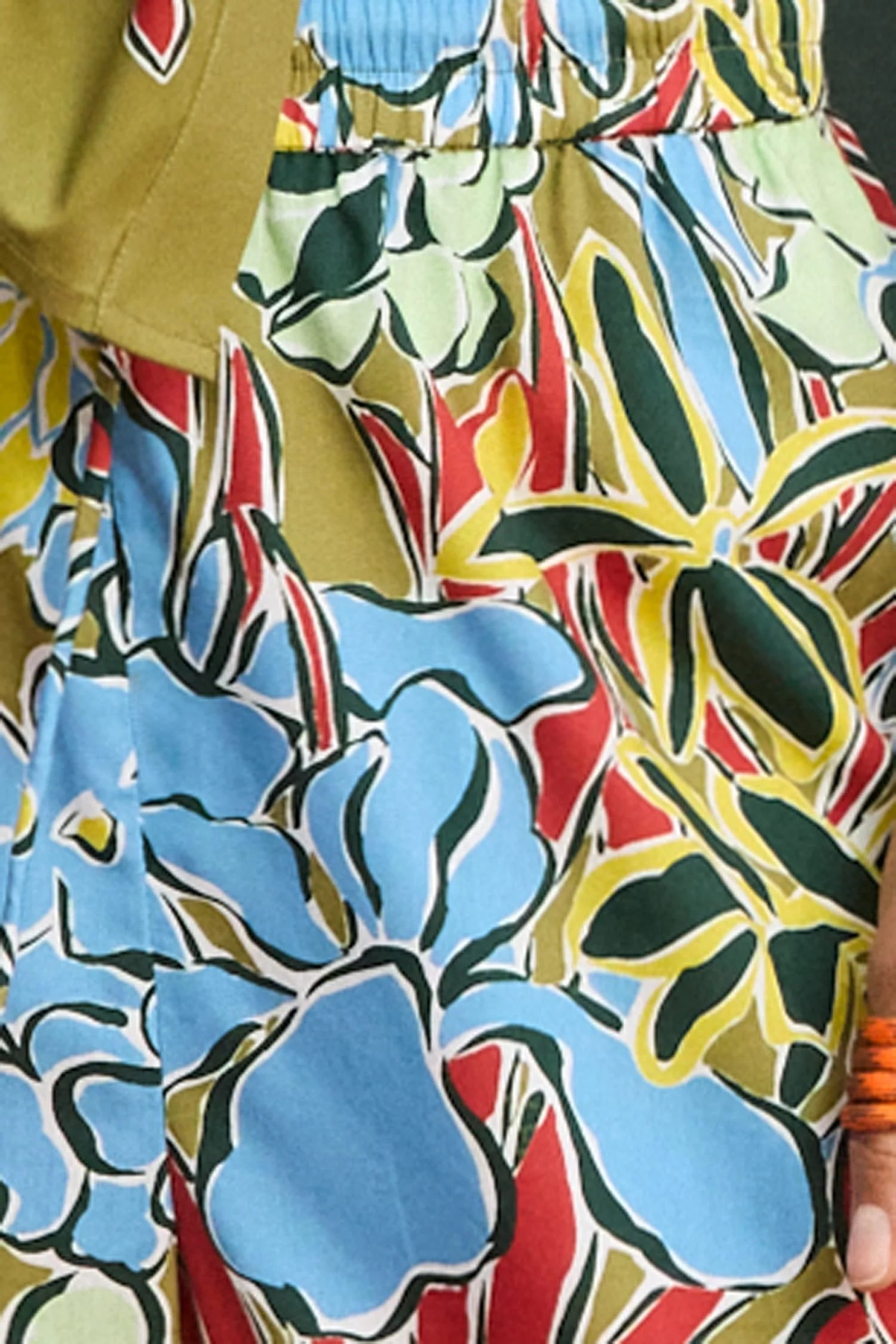 Close-up of a colorful floral patterned fabric with blue, red, green, and yellow colors.