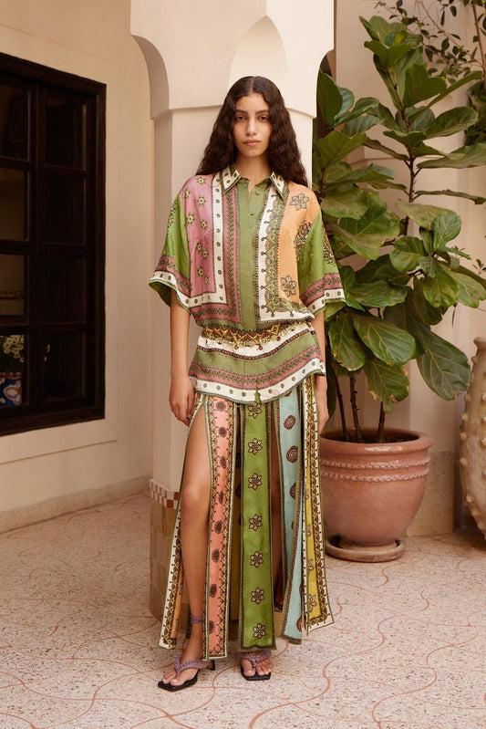 short sleeve colourful shirt with concelaed placket and vibrant print from alemais model shot