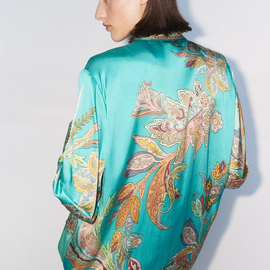 teal silk shirt with floral print rear view