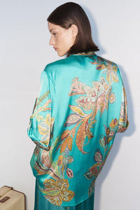 teal silk shirt with floral print rear view